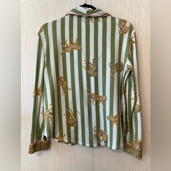 Room Service Leopard Pajama Top | Green & White Striped | Size S - Picture 2 of 5